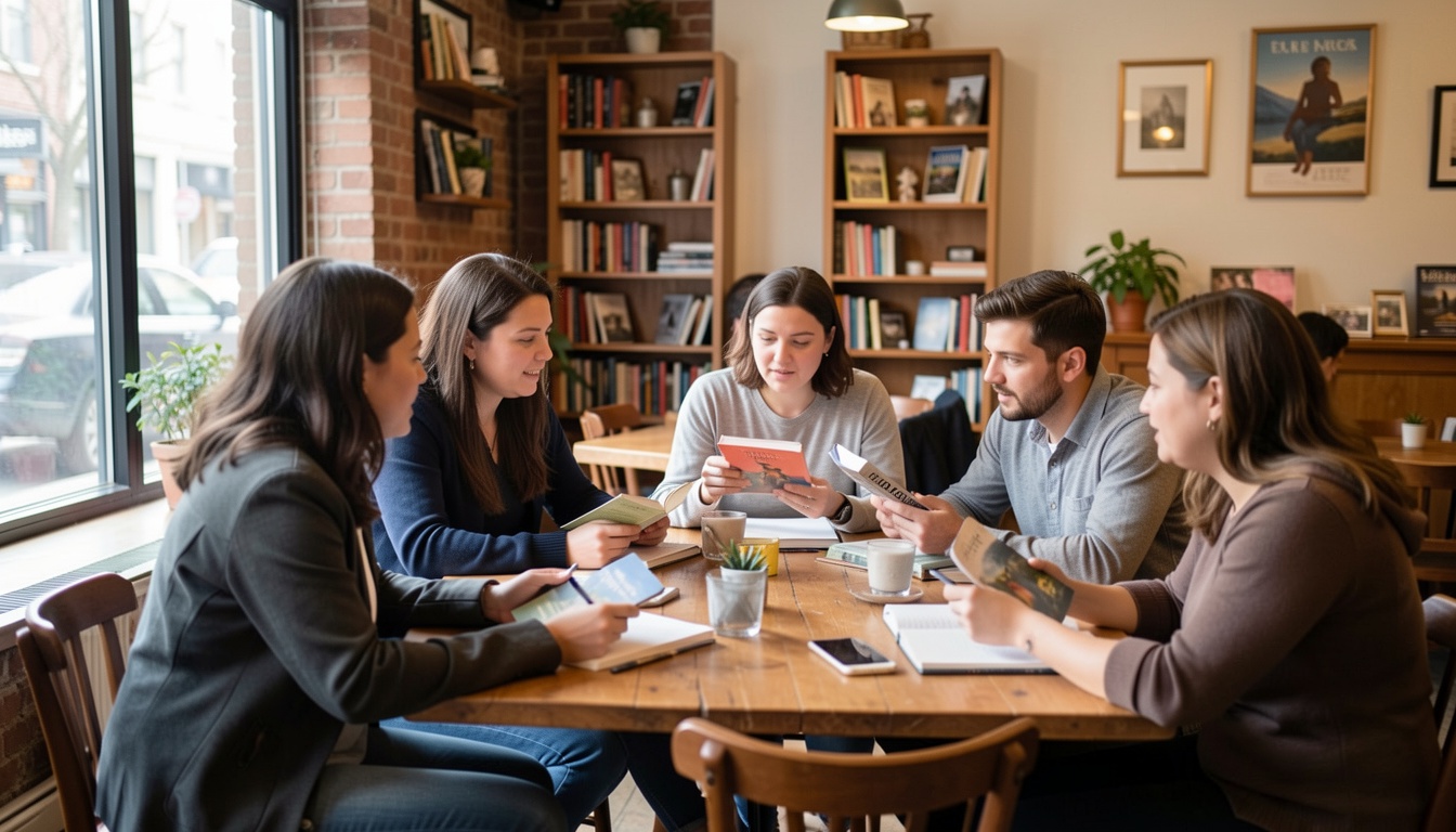 Group of people discussing books in a cafe
