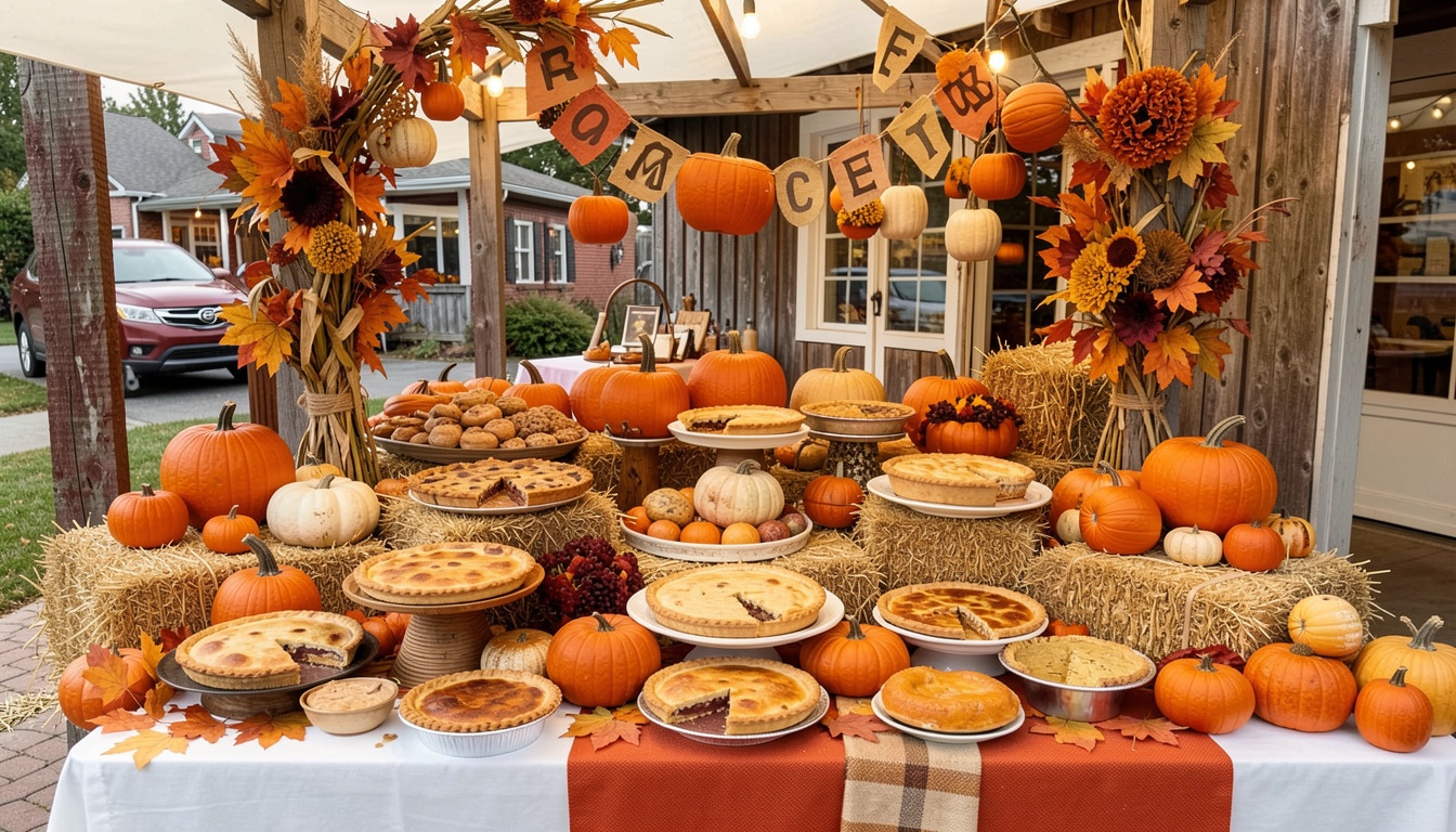 Harvest festival food display with pumpkins and pies