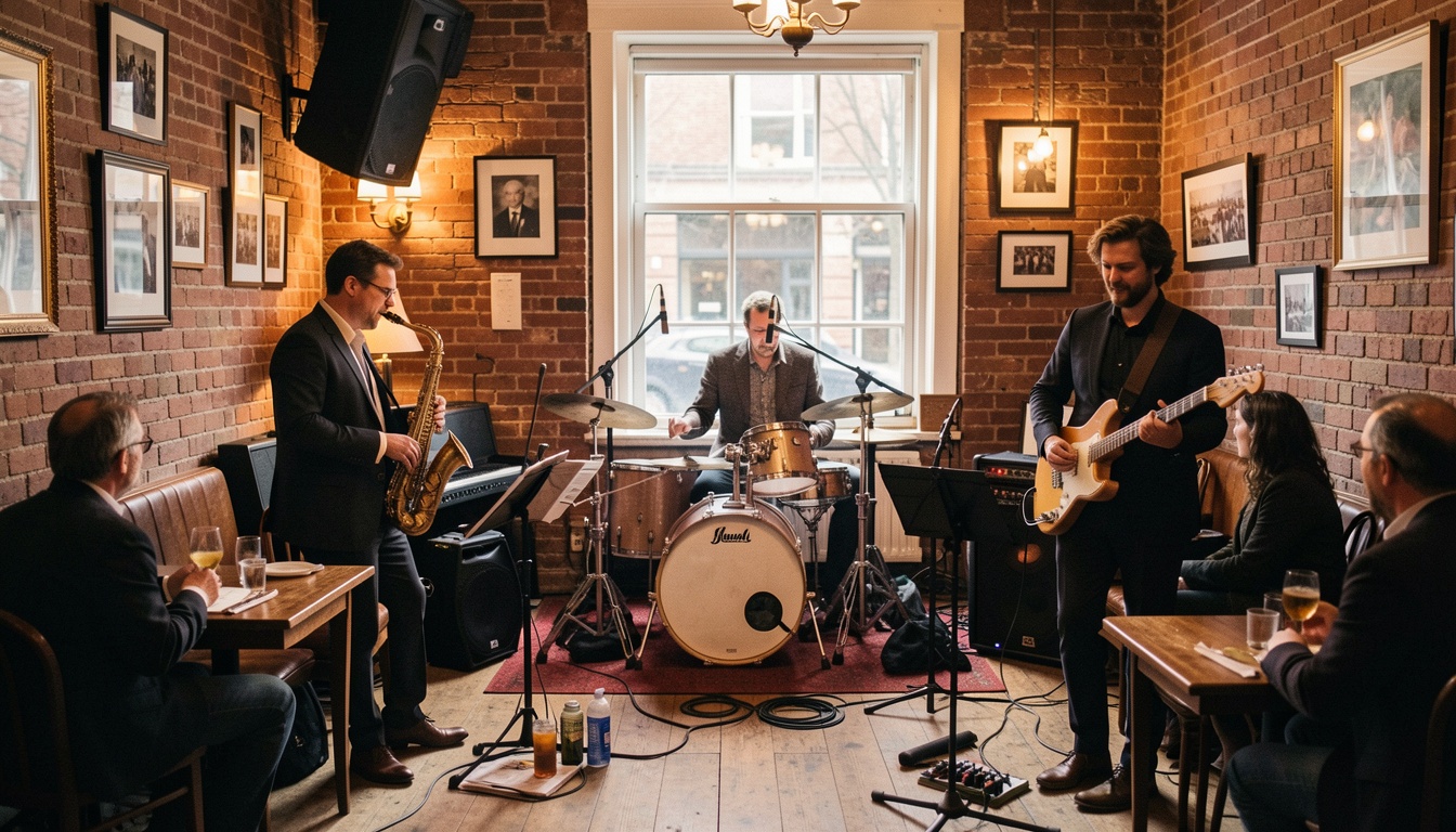 Live jazz band performing in a cozy cafe
