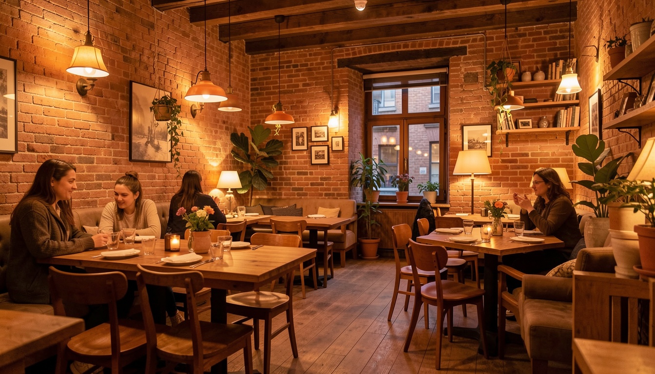 Cozy cafe interior with warm lighting and wooden furniture