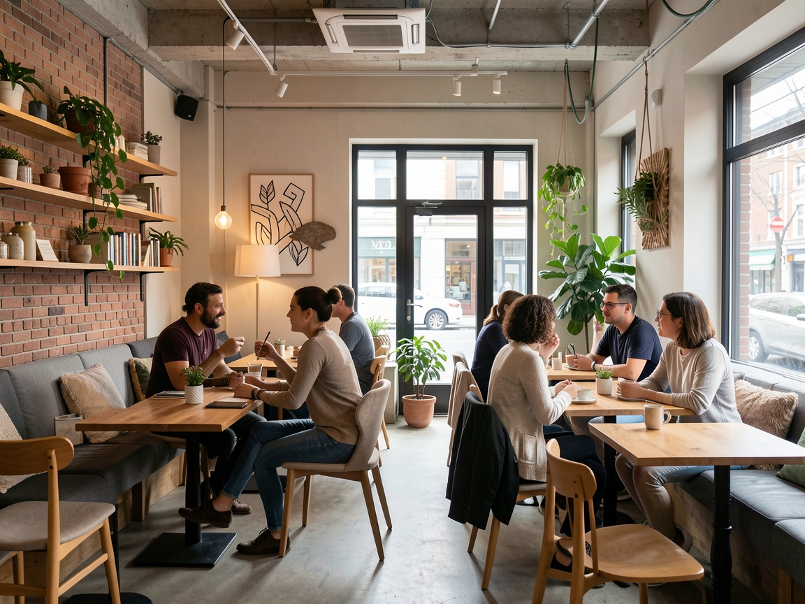 Modern cozy cafe interior with people talking